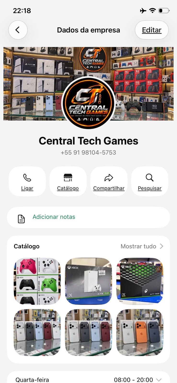 Imagem de capa do perfil da Central Tech Games, com consoles e celulares na loja